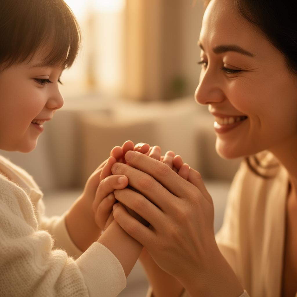 A parent and child holding hands with tender warmth and connection