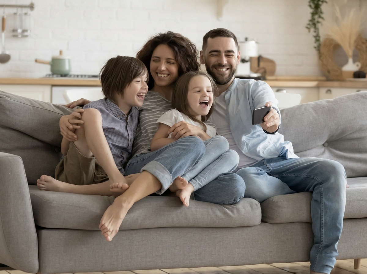 A family laughing together on their sofa at home